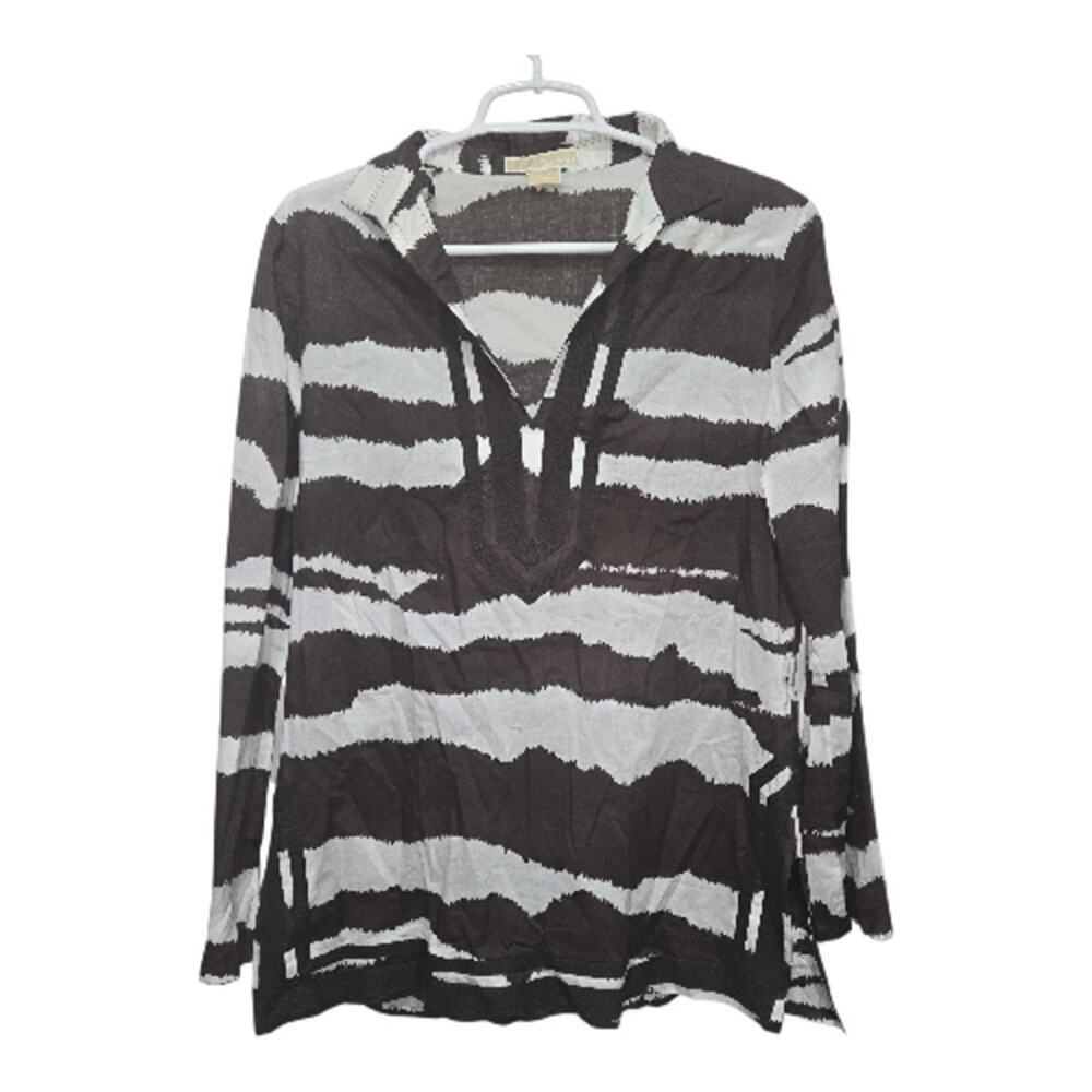 Michael Michael Kors Printed Split Neck Tunic Top Brown Ivory Size Large